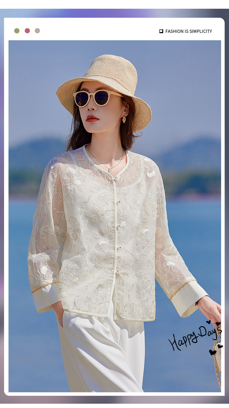 Áo cardigan nữ tay dài thêu hoa cổ tròn phối nút — Màu hồng, màu mơ chi tiết 1