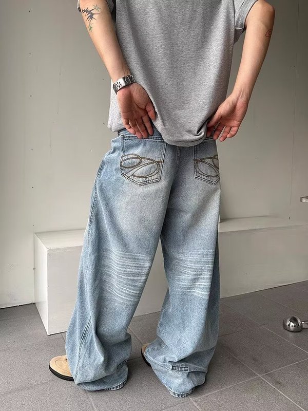 美式复古水洗猫须做旧口袋刺绣牛仔裤男女宽松休闲直筒阔腿长裤子|undefined