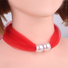 糖果色圍脖女士小絲巾韓版網紗蕾絲圍巾珍珠吊墜秋冬護頸脖套裝飾