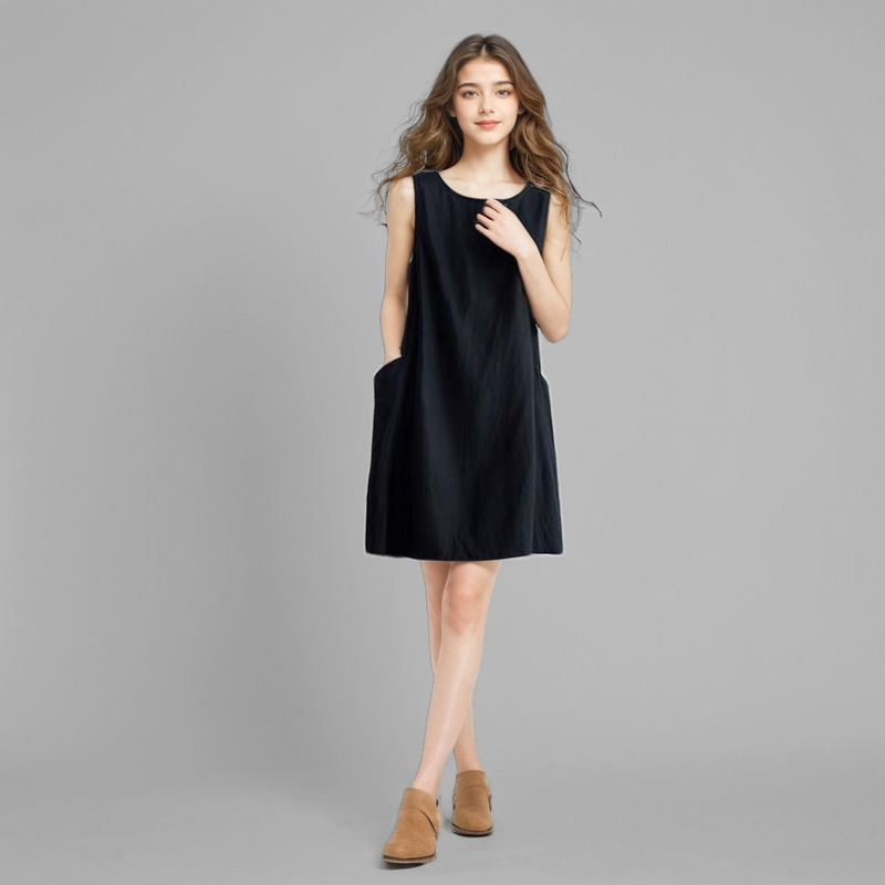 Cross-Border Petite Black Retro Linen Sleeveless Vest Short Skirt with Buttons on the Back, Practical Pockets, Loose Dress