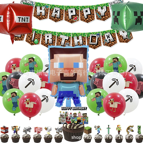 Тема Minecraft пиксельная игра мультфильм флаг торт вставка латекс алюминиевая фольга воздушный шар набор