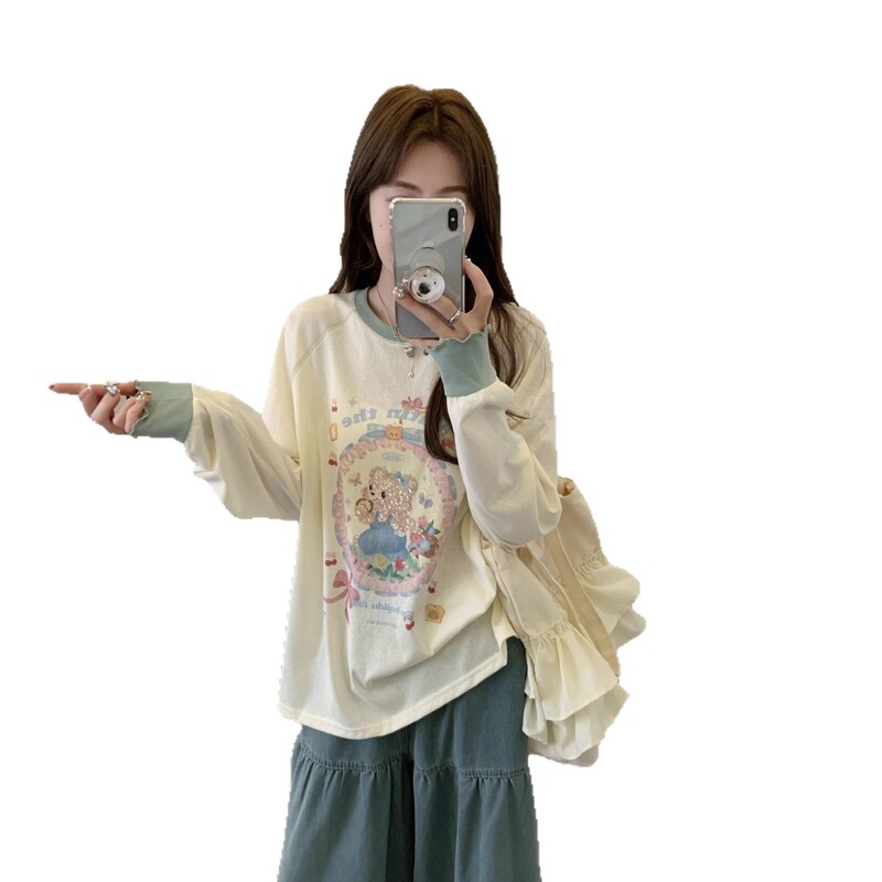 韩系亮片小熊插肩袖薄款显瘦长袖t恤女夏季百搭宽松罩衫上衣516|undefined
