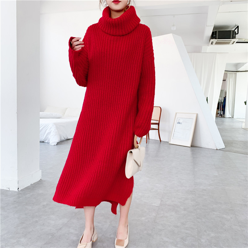 [Factory-made] Winter thickened turtleneck long over-the-knee sweater dress women's lazy loose plus size thick sweater