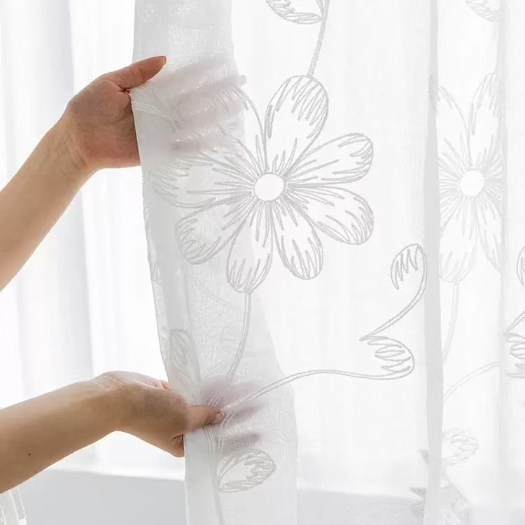 Modern Simple Solid Color Lily Embroidered Light Transmission Gauze Curtain for Living Room and Bedroom curtains Pastoral Style Embroidered Curtain