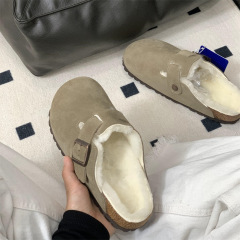桑坡勃肯鞋厚底秋冬新款皮毛一体真软木博肯半拖鞋女外穿毛毛拖鞋