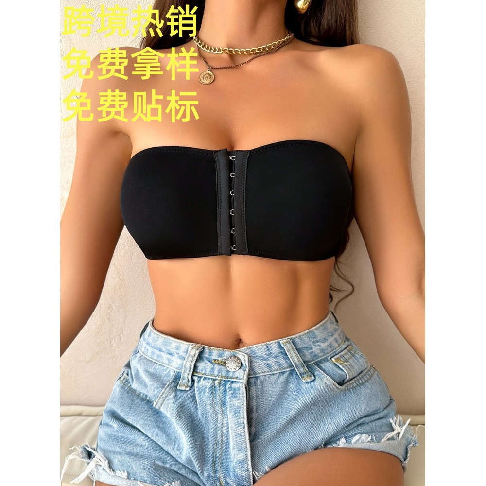 Amazon sexy hebilla delantera top de tubo sin tirantes ropa interior sin costuras sin almohadilla para el pecho sin anillo de acero sujetador de mujer boda al por mayor