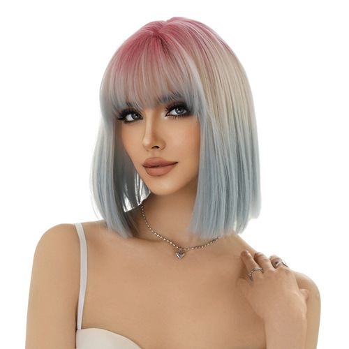 New short straight wig for women pink gradient blue air bangs bob short hair full headgear Pink Bob Wig