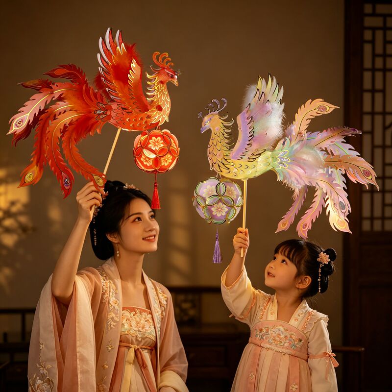 [Authentic Original Phoenix] Mid-Autumn Festival Lantern DIY Material Kit: Glowing Lantern with Gold Foil and Rhinestones, Real Feathers