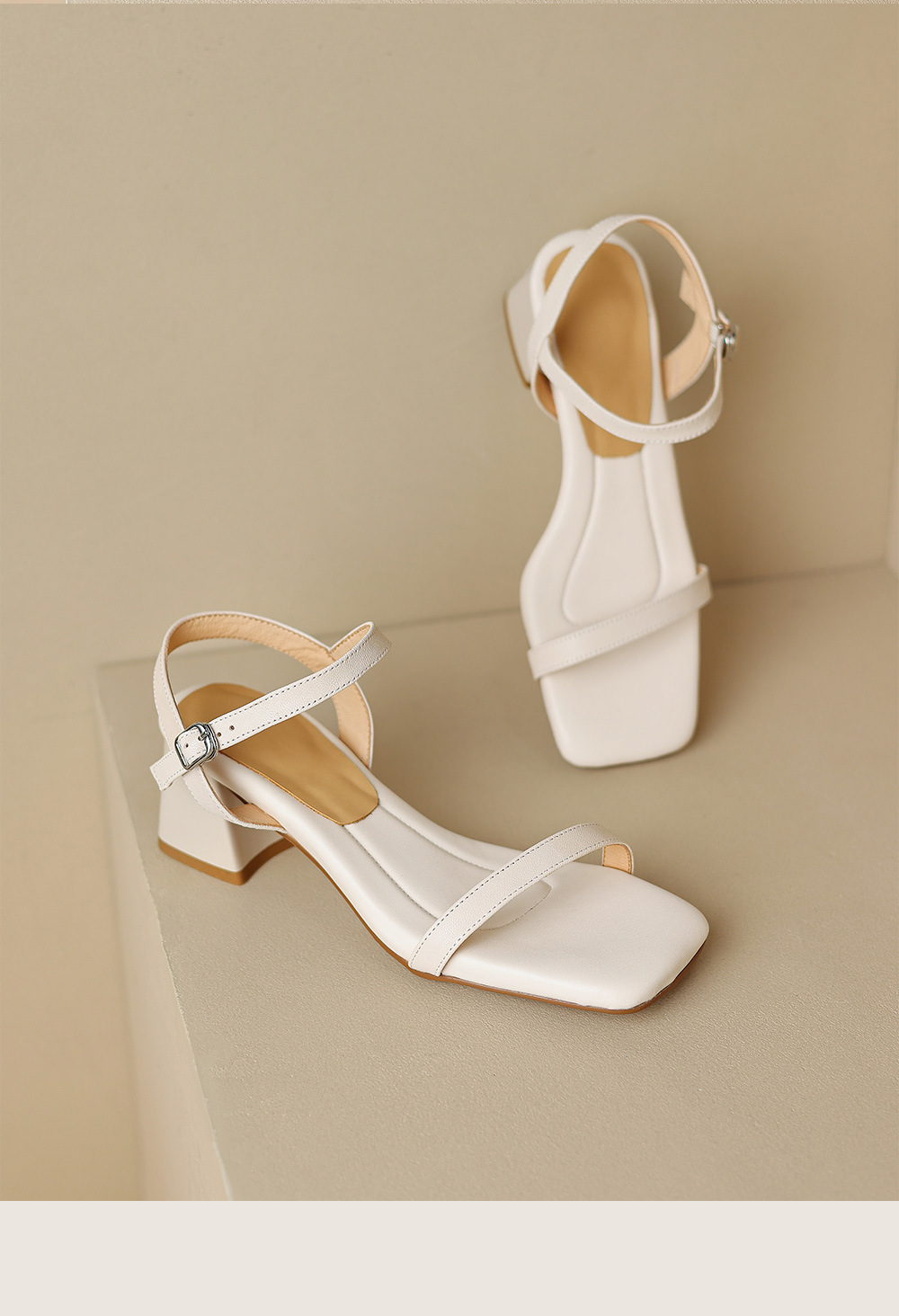 Sandal nữ quai ngang da cừu gót vuông ổn định — Màu trắng be chi tiết 17