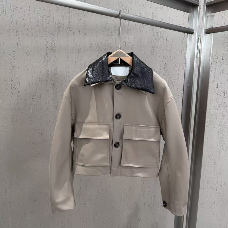 2026 Autumn PU Leather Vintage Patchwork Collar Long Sleeve Pocket French Minimalist Workwear Short Casual Jacket Cross-Border 2026 Autumn PU Leather Vintage Patchwork Collar Long Sleeve Pocket French Minimalist Workwear Short Casual Jacket Cross-Border