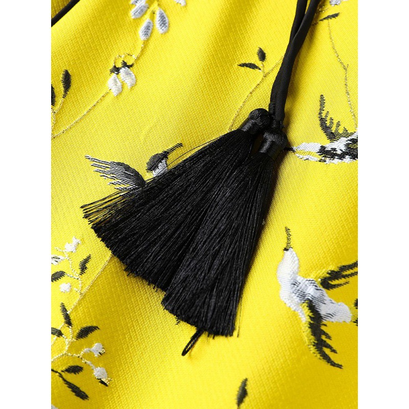 Amarillo SEDA-como brocado chaleco primavera de las Mujeres Nuevo diseño original retro bordado estilo chino hebilla superior