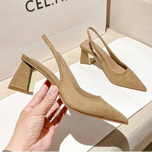 Pointed Skinny Suede High Heel Shoes Women's 2025 New Spring and Summer Chunky Heel Elegant Simple Empty Pointed Sandals