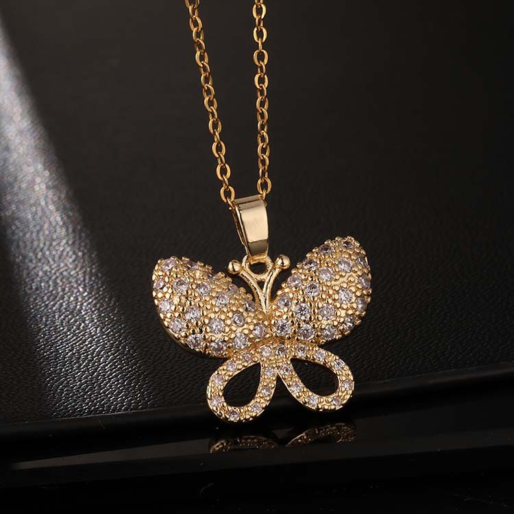 Lady Butterfly Copper Plating Inlay Zircon Pendant Necklace 1 Piece