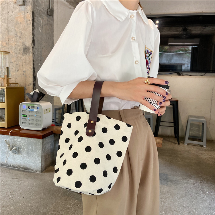 All Seasons Season Women's Medium Canvas Round Dots Smile Face Cute Bucket Open Handbag