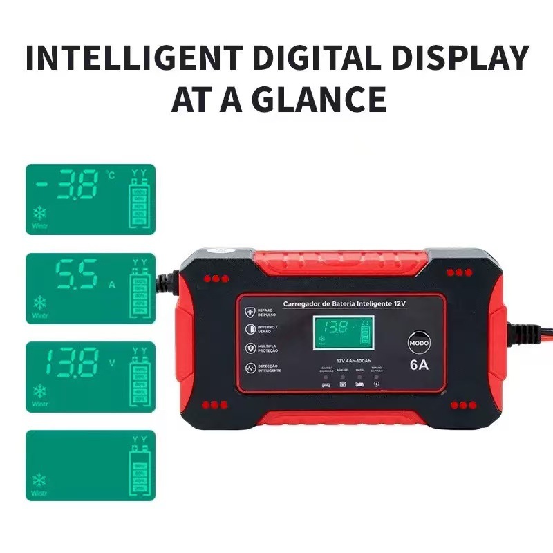 Cargador de baterías de motocicleta 12V6A Cargador de baterías de automóviles 12V Cargador de baterías de reparación inteligente