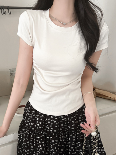 Design sense niche square-shoulder pure cotton crew neck short-sleeve T-shirt for women summer hot girl short style high-waisted slimming versatile top