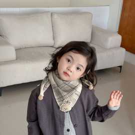 ins韩版儿童围巾秋冬季男童女宝宝三角形格子头巾防风脖套小披肩