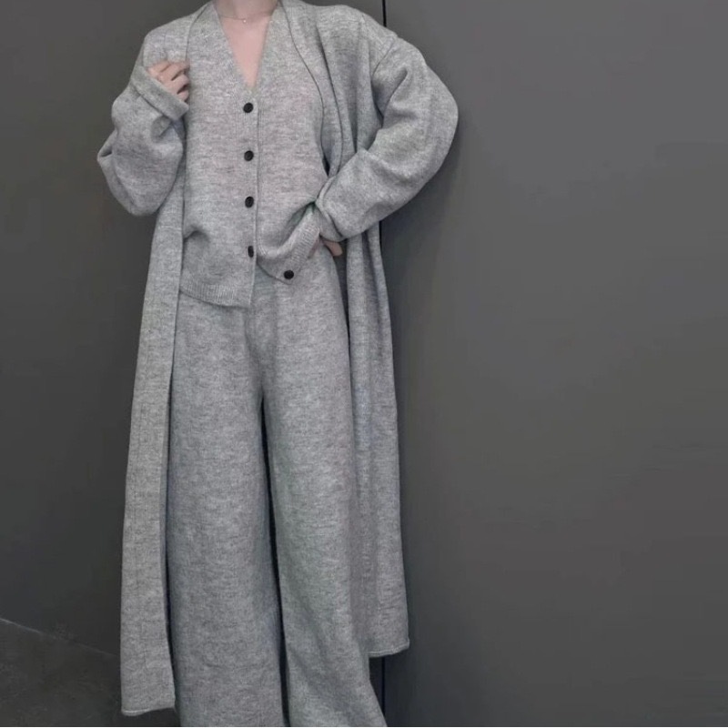 Women's Clothing High grade lazy temperament simple knitted suit autumn and winter new sleeveless vest sweater cardigan pants three piece suit_voghion.com