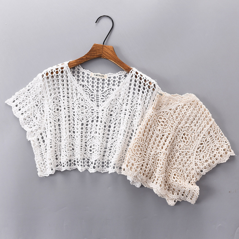 Spring and summer new diamond lattice hollow short sleeve blouse V-neck embroidery short sweater thin perspective Women's top