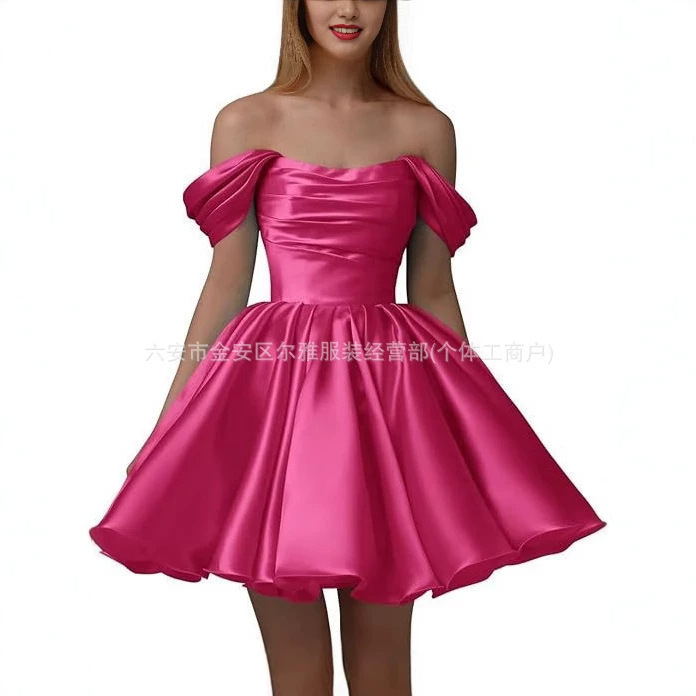 2026 Women's Off-Shoulder Satin Homecoming Dress New Short Pleated Strapless Ball Gown Wedding Dress