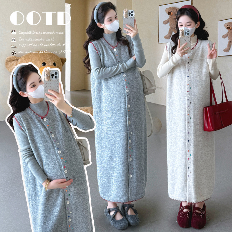 Maternity Suit 2025 Autumn and Winter New Style Knitted Colorful Open Button Sweater Vest Skirt Half Turtleneck Knitted Maternity Wear