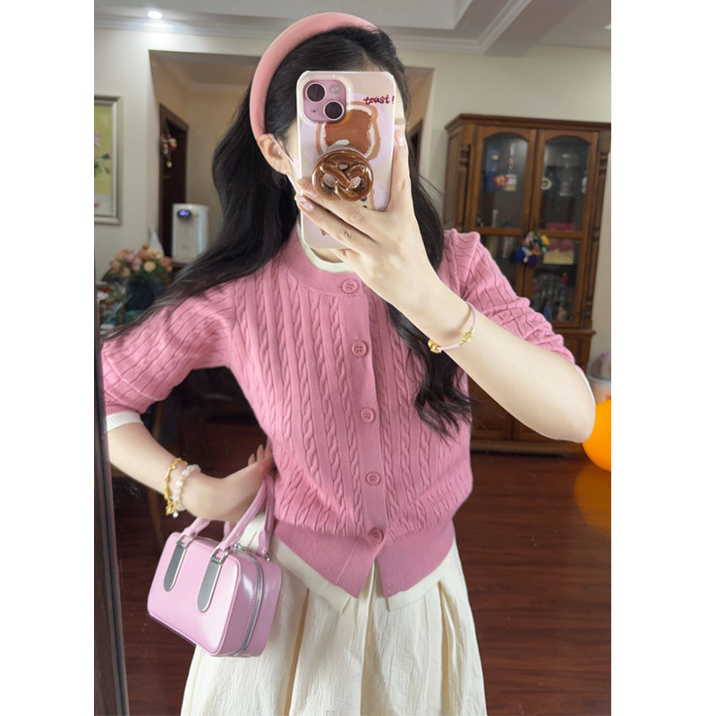 粉色假两件麻花针织开衫女2025初早春新款高质量毛衣外套短款上衣|undefined