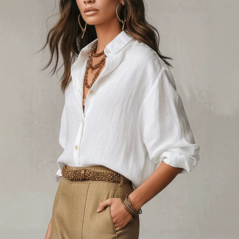 European and American Cross-Border 2026 Summer New Women's Cotton and Linen Long-Sleeve Shirt, Simple and Versatile Solid Color Breathable Sun-Protective Top