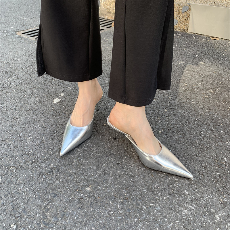 Design francese con tacco alto, mezze pantofole Baotou, scarpe da donna per abbigliamento esterno, tacchi a spillo a punta, scarpe singole a mezza tazza primaverili ed estive_voghion.com