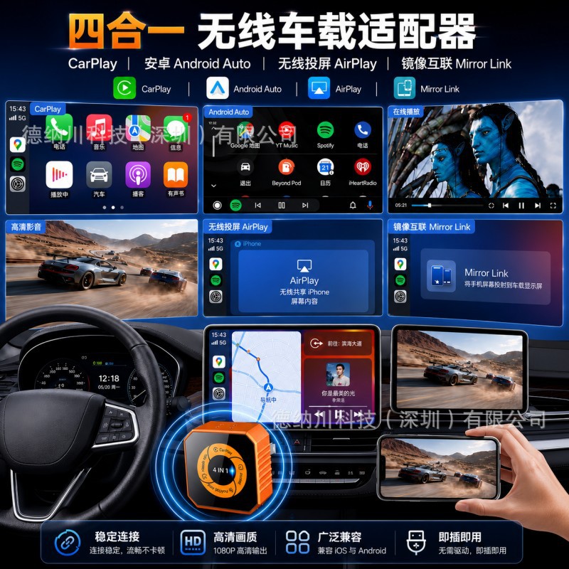 Cross-Border 4-in-1 Wireless Carplay Box, Wired to Wireless Carplay Car Adapter, Car Machine Interconnection Box