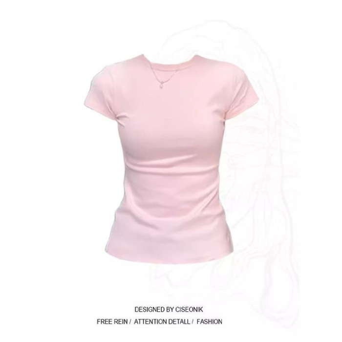 工場在庫半袖Tシャツレディース夏韓国風スイートホットガール無地スリムフィット純粋な欲望トップス直販|undefined