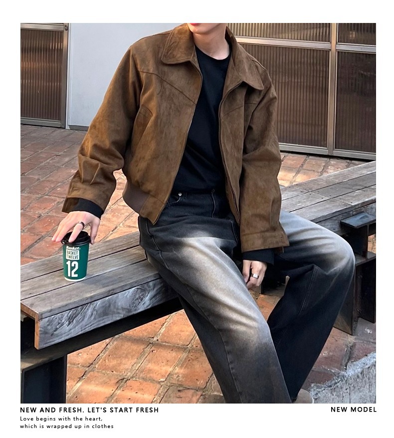 Maillard amerikai barna kávébarna velúr kabátot visel, férfi tavaszi és őszi vintage rövid repülőkabátot_voghion.com