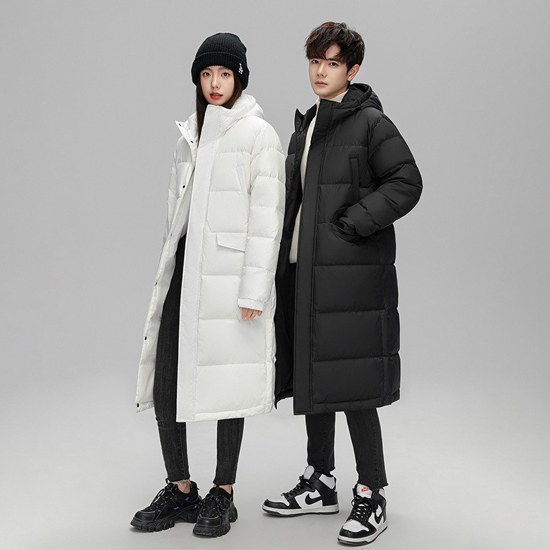 Winter down Jacket Cross-Border Unisex Couple's Long Over-The-Knee Coat, Trendy Brand Same Style as Adidas, Solid Color Hooded Outerwear