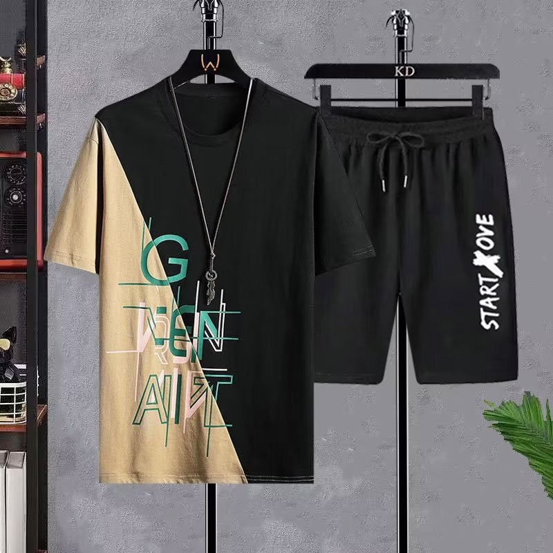 Nuevo traje de degradado de seda de hielo de secado rápido, camiseta de manga corta para hombre, pantalones cortos casuales de verano, traje deportivo de dos piezas al por mayor de fábrica