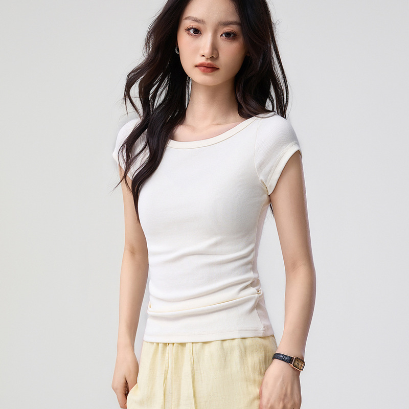 260g Eco Silk Off-Shoulder U-Neck Short Sleeve T-Shirt for Women, New Summer Style, Slim Fit, Waist-Cinching, Slimming, Versatile, Regular Shoulder Top 260g Eco Silk Off-Shoulder U-Neck Short Sleeve T-Shirt for Women, New Summer Style, Slim Fit, Waist-Cinching, Slimming, Versatile, Regular Shoulder Top
