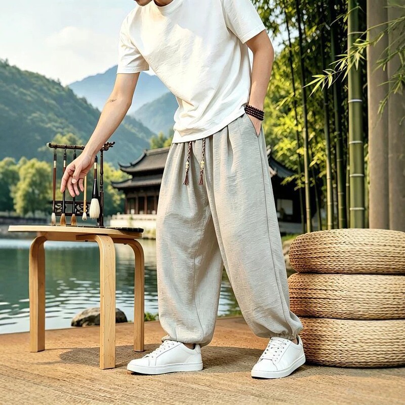 New Chinese-Style Ice Silk Pants for Men, Summer Thin Retro Casual Loose Large-Size Chinese-Style Jogger Wide-Leg Pants New Chinese-Style Ice Silk Pants for Men, Summer Thin Retro Casual Loose Large-Size Chinese-Style Jogger Wide-Leg Pants