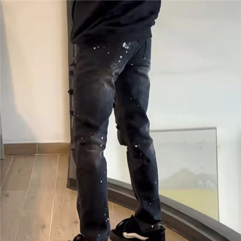 Men's Slim Fit Distressed Patchwork Jeans - High Street Style Black Skinny Ripped Denim Pants For Casual Wear_mkmklike.com
