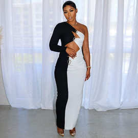 11249DHR欧美女装速卖通新品撞色金属装饰单边袖性感潮流连衣裙女