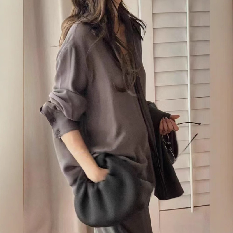 temperament paragraph strong goods! No-D recommend Loose light brown Silk Shirt Women's One-Piece Hair