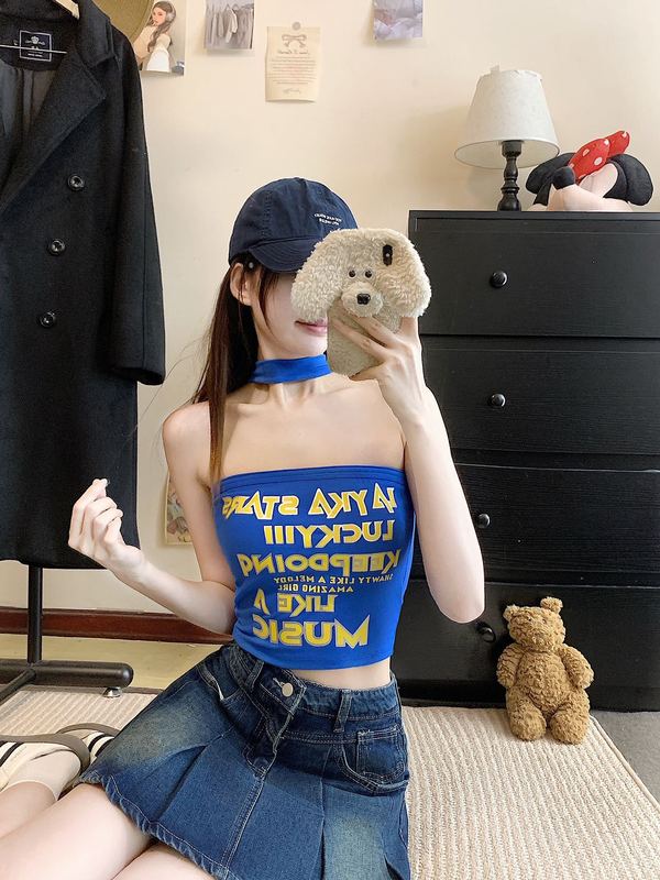 アメリカンホットガールレタープリントホルターネックチューブトップ女性の夏の新しいデザインニッチ痩身トップ|undefined