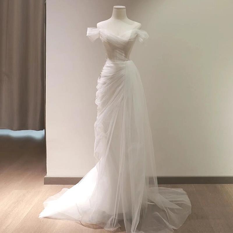 White French Light Wedding Dress Off-shoulder Dress A- shape Slim Mesh High-grade Tutu Dress Adult Ceremony Banquet Dress