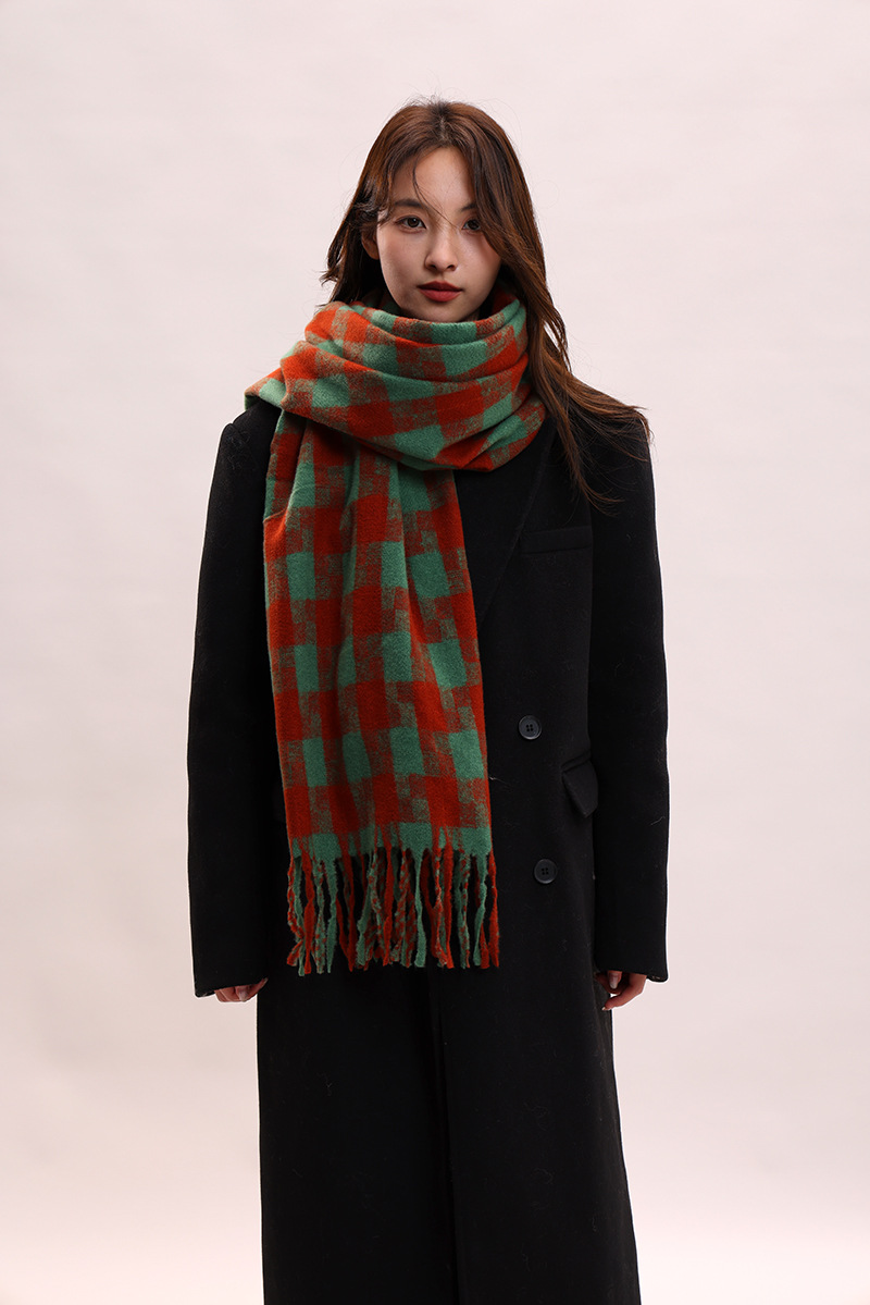 Sciarpa a quadri da donna autunno inverno sensazione avanzata spessa e calda collo frangia versatile studente moda INS_voghion.com