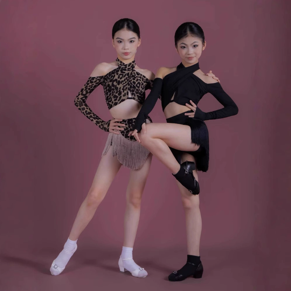Dancebaby в одном стиле для девочек, весенний топ с открытыми плечами и леопардовым принтом для латинских танцев, классическая юбка с бахромой, художественная тестовая одежда для соревнований