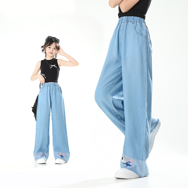 Judy Girls Summer Thin Lyocell Jeans New Baby's Straight Trousers Summer Children's Rabbit Wide Leg