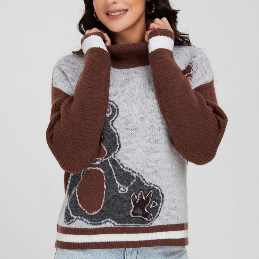 Women's Clothing New Knitted Retro Contrast Color Jacquard Cartoon Bear Pattern Turtleneck Sweater Long Sleeve Top_voghion.com