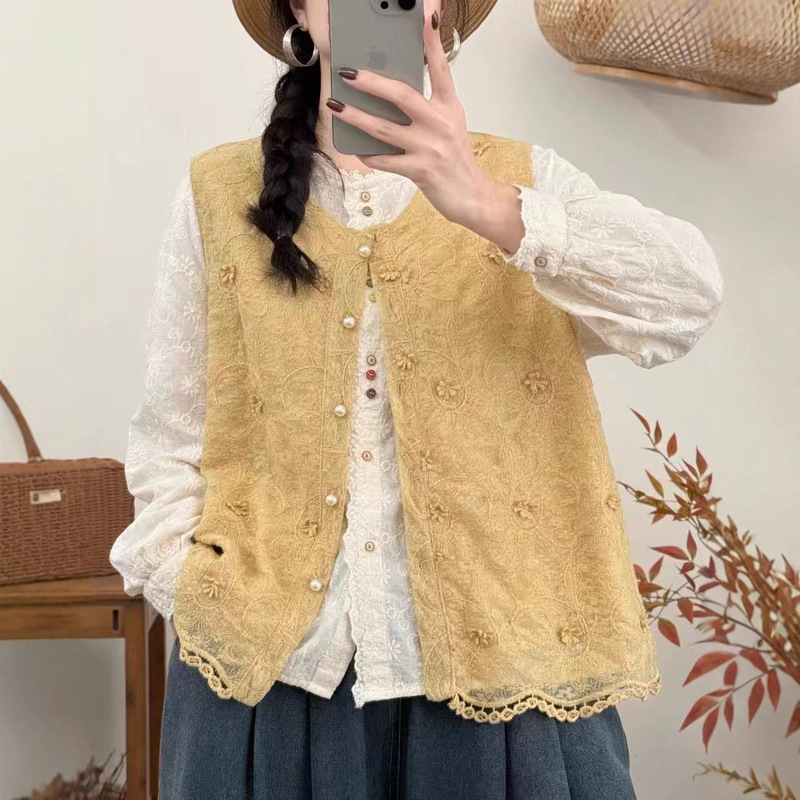 Autumn 25 Shirt Long-Sleeved Loose Casual Korean Style Shirt Top Vest Cotton Jacquard Lace Skin-Friendly