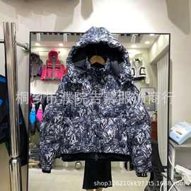 潮牌撞色羽绒服女装冬季新款宽松加厚保暖国朝印花连帽面包服外套