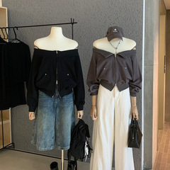 WGWE7155小众设计感一字肩拉链卫衣宽松显瘦百搭纯色上衣