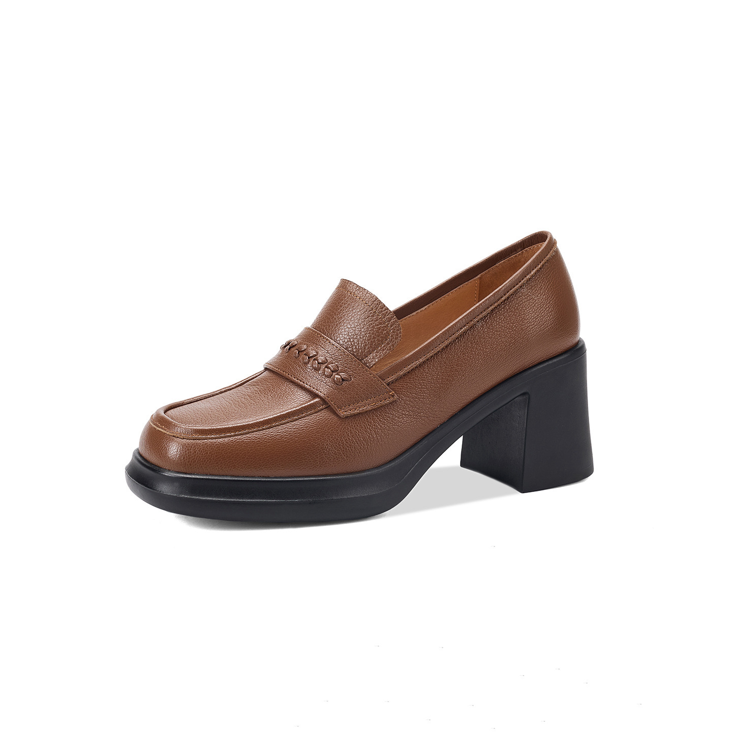 Giày loafer nữ da dê đế dày gót vuông 7,5 cm cổ sâu — màu nâu
