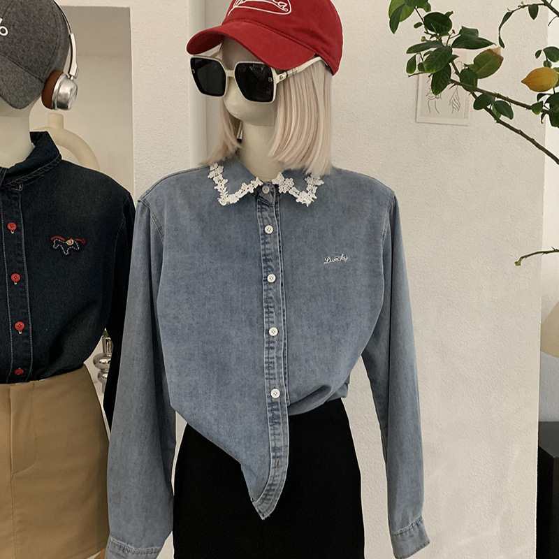Omalai Lace Patchwork Lace Collar Light-Colored Denim Shirt for Women Spring Casual Embroidered Letter Top 6722