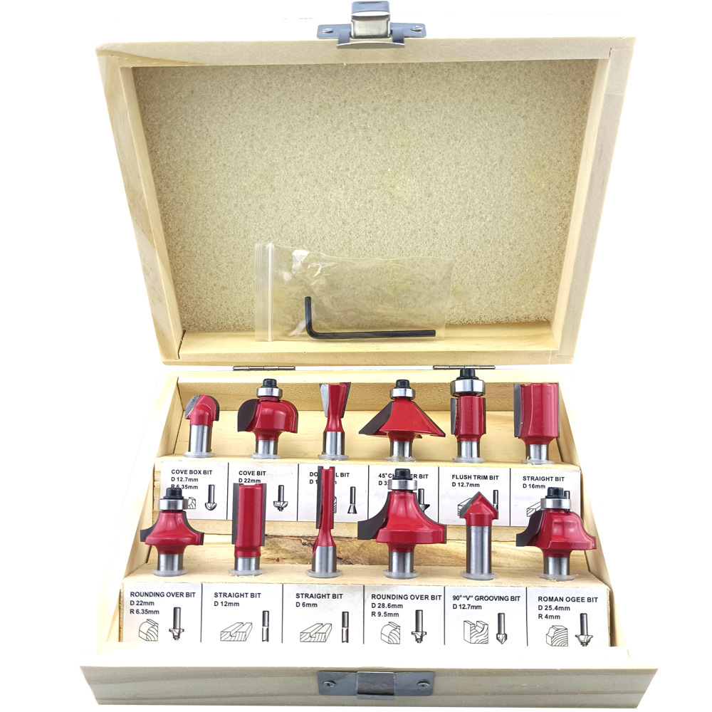 12PC木工铣刀套装修边机刀头电木铣雕刻机铣刀修边刀
